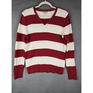 St. John's Bay Cable Knit Sweater‎ Women L Red White Striped V-Neck Preppy